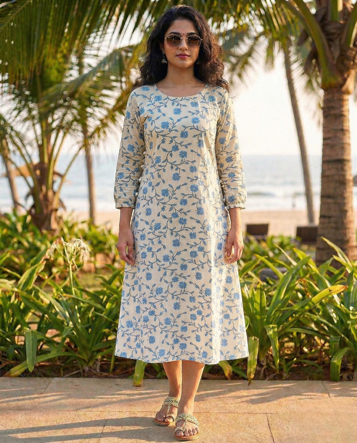 Miss Myrtle Cotton Floral Kurthi with 3 piece cut and Semi puff Sleeves