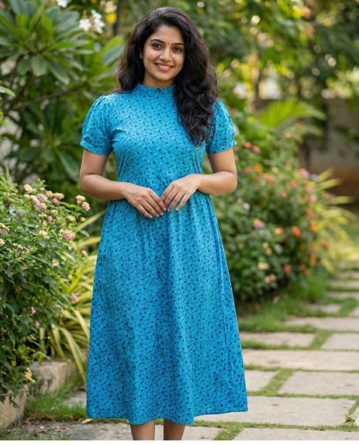 Frilled Neck Frocks with Semi Puff sleeves