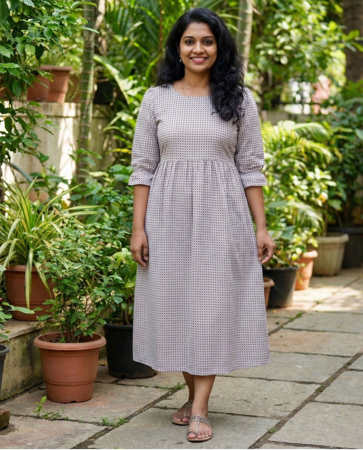 Light Check Frocks with Elastic on Sleeves