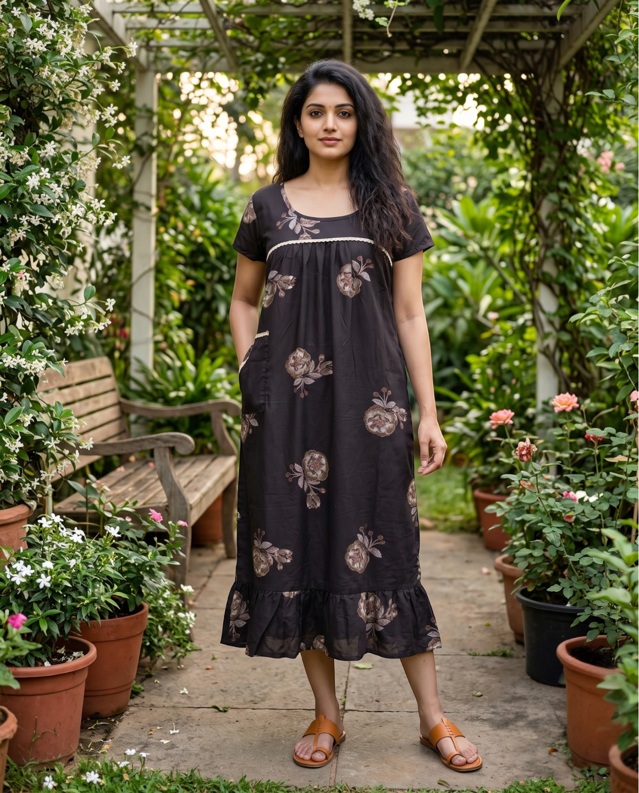 Homey frocks with lace on yoke-Floral