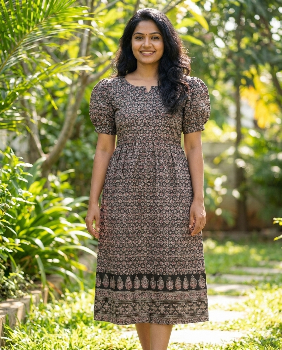 Retro Style Long Puff sleeved flared frocks