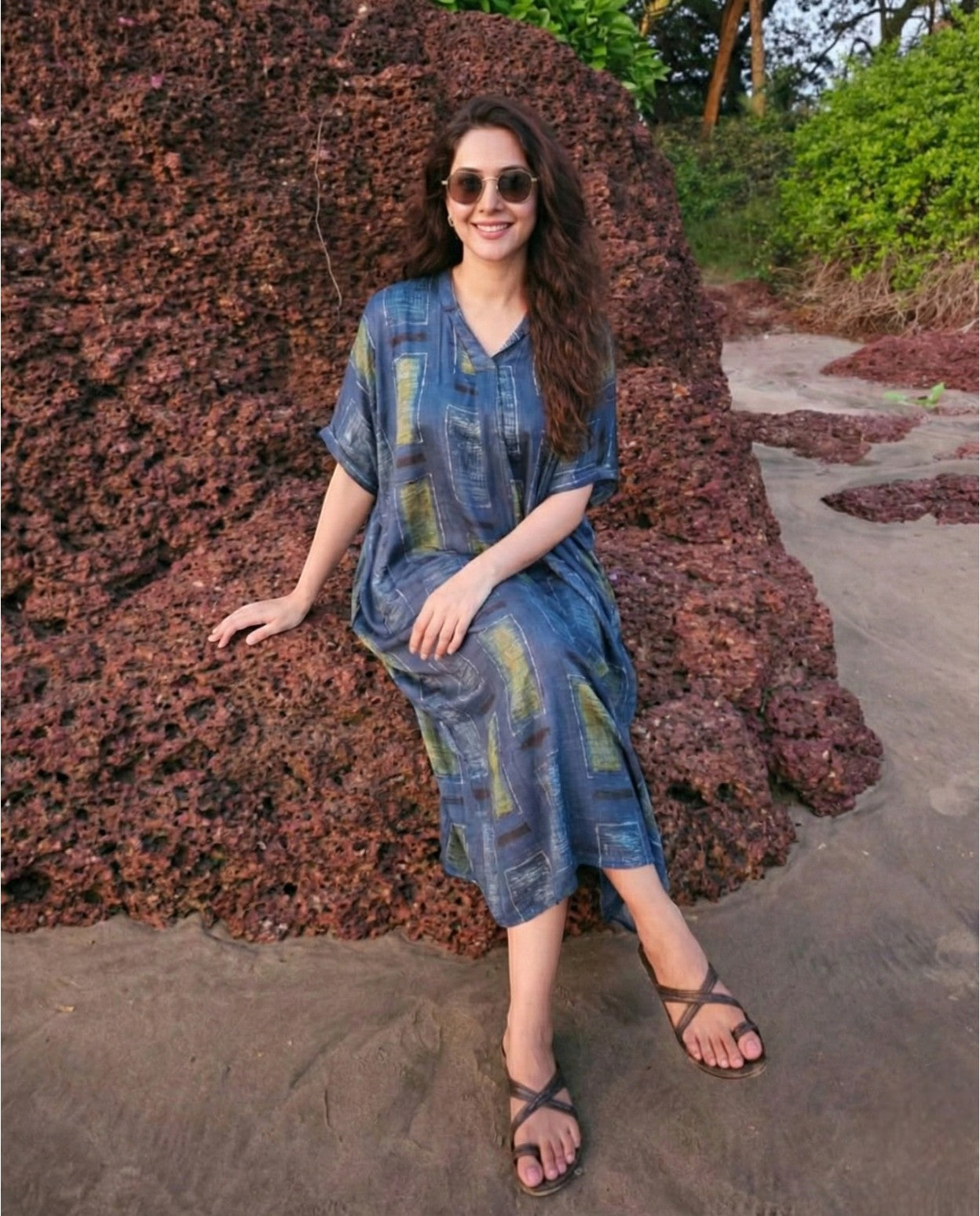 Trending Kaftan Shirt Dress in Pure Modal Silk with Block Prints