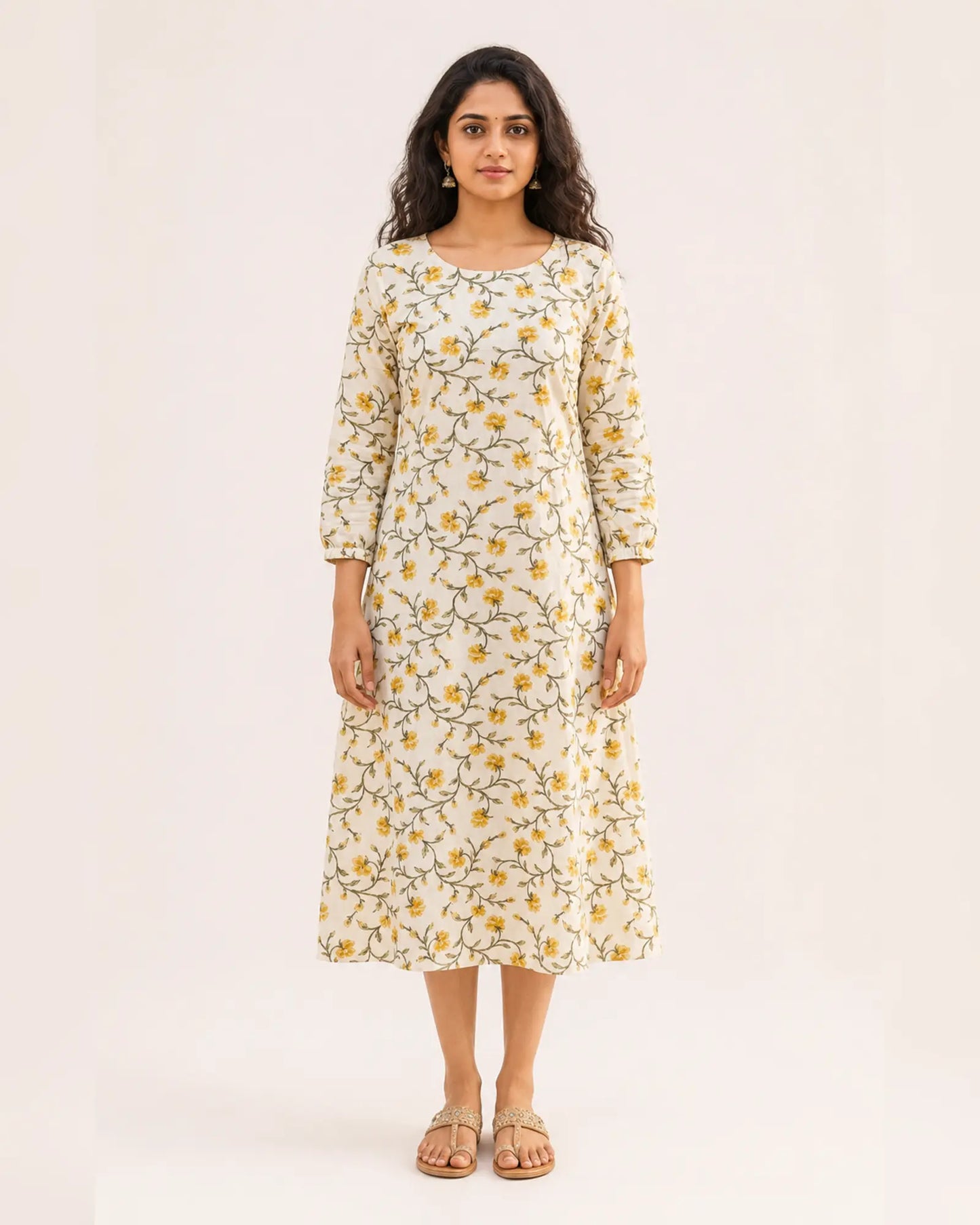 Miss Myrtle Cotton Floral Kurthi with 3 piece cut and Semi puff Sleeves