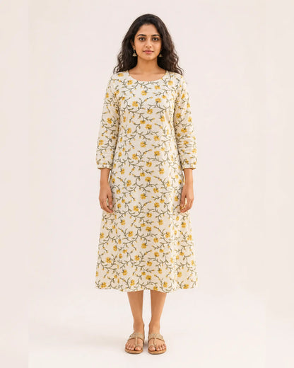 Miss Myrtle Cotton Floral Kurthi with 3 piece cut and Semi puff Sleeves