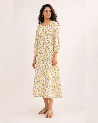 Miss Myrtle Cotton Floral Kurthi with 3 piece cut and Semi puff Sleeves