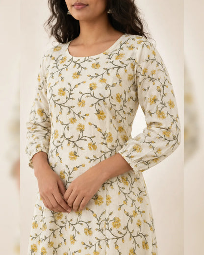 Miss Myrtle Cotton Floral Kurthi with 3 piece cut and Semi puff Sleeves