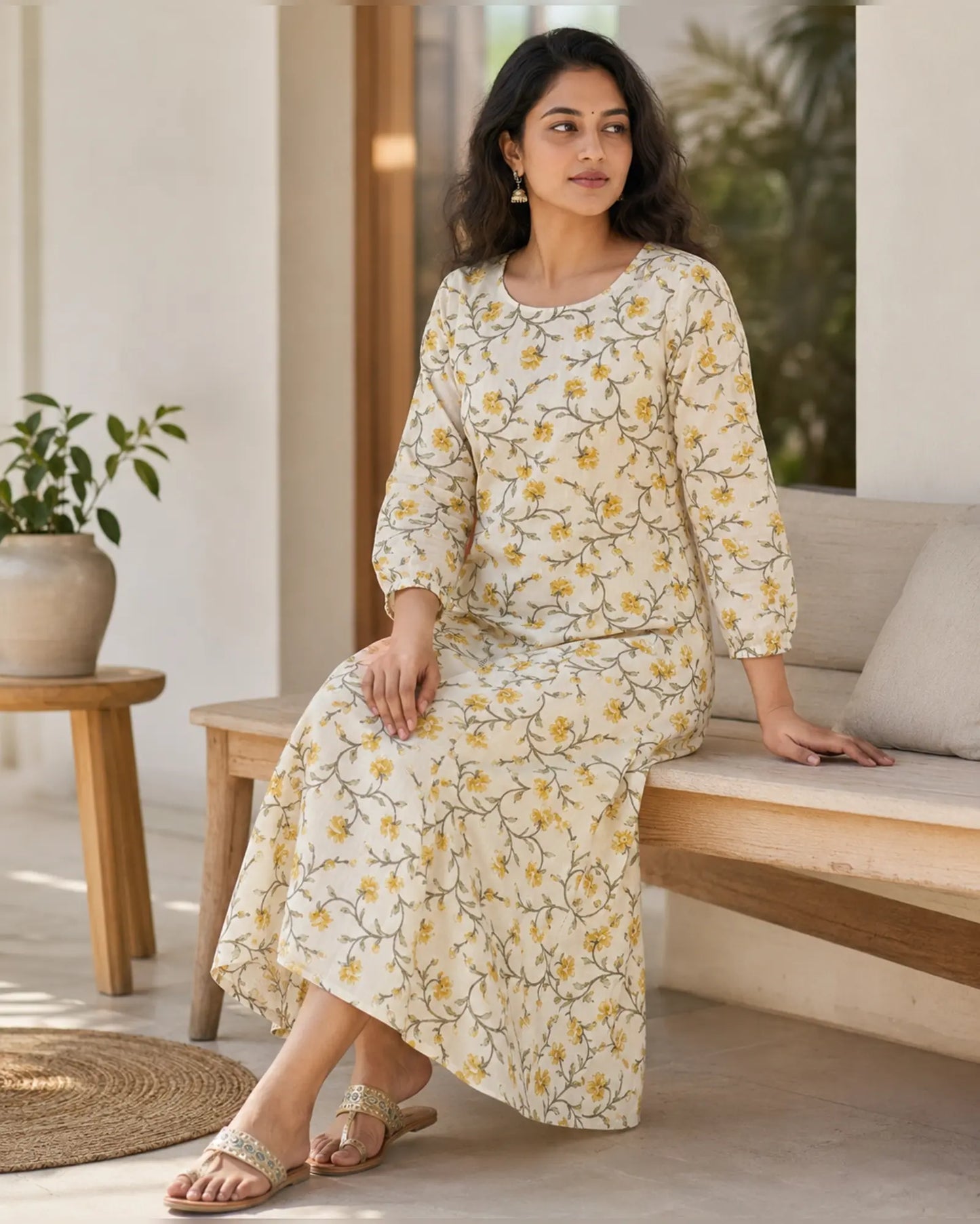Miss Myrtle Cotton Floral Kurthi with 3 piece cut and Semi puff Sleeves