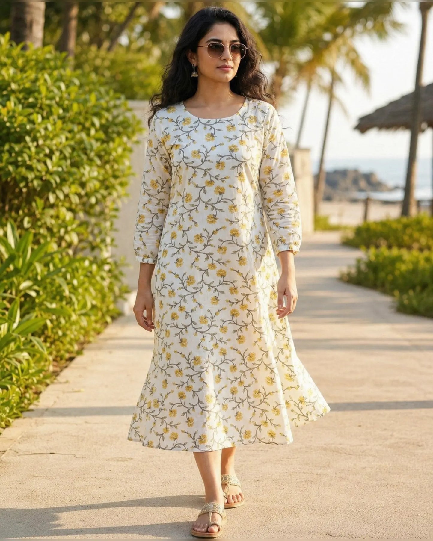 Miss Myrtle Cotton Floral Kurthi with 3 piece cut and Semi puff Sleeves