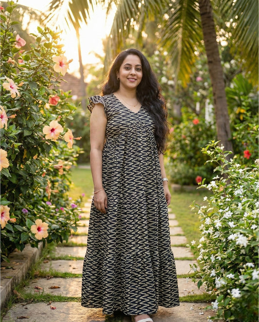 Butterfly Sleeved Full Length Flared Cotton frock