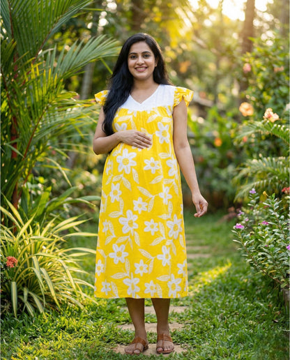 Butterfly Sleeved Floral Maternity Cum Feeding Frock