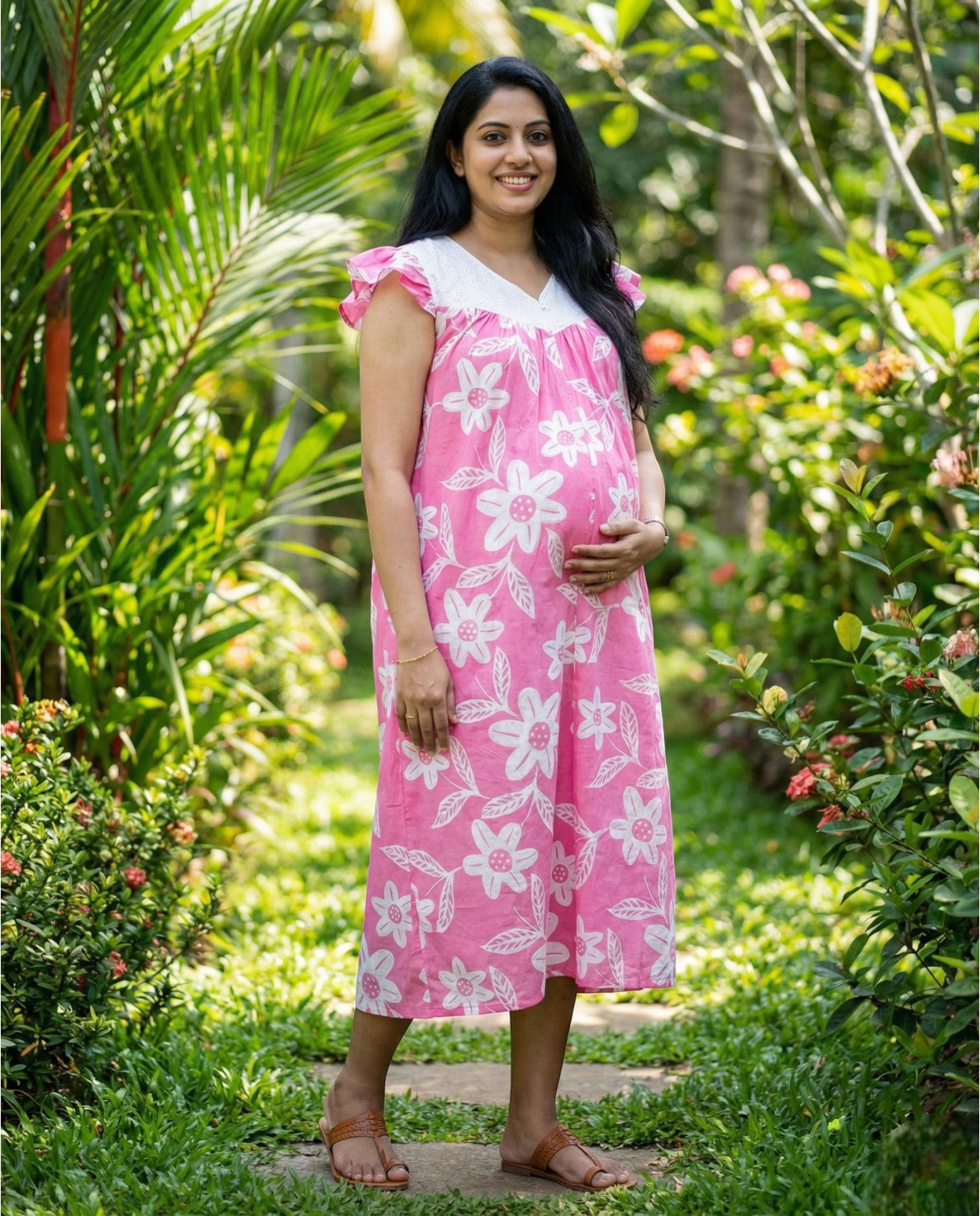 Butterfly Sleeved Floral Maternity Cum Feeding Frock