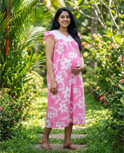 Butterfly Sleeved Floral Maternity Cum Feeding Frock