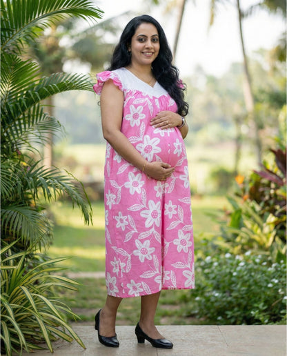 Butterfly Sleeved Floral Maternity Cum Feeding Frock