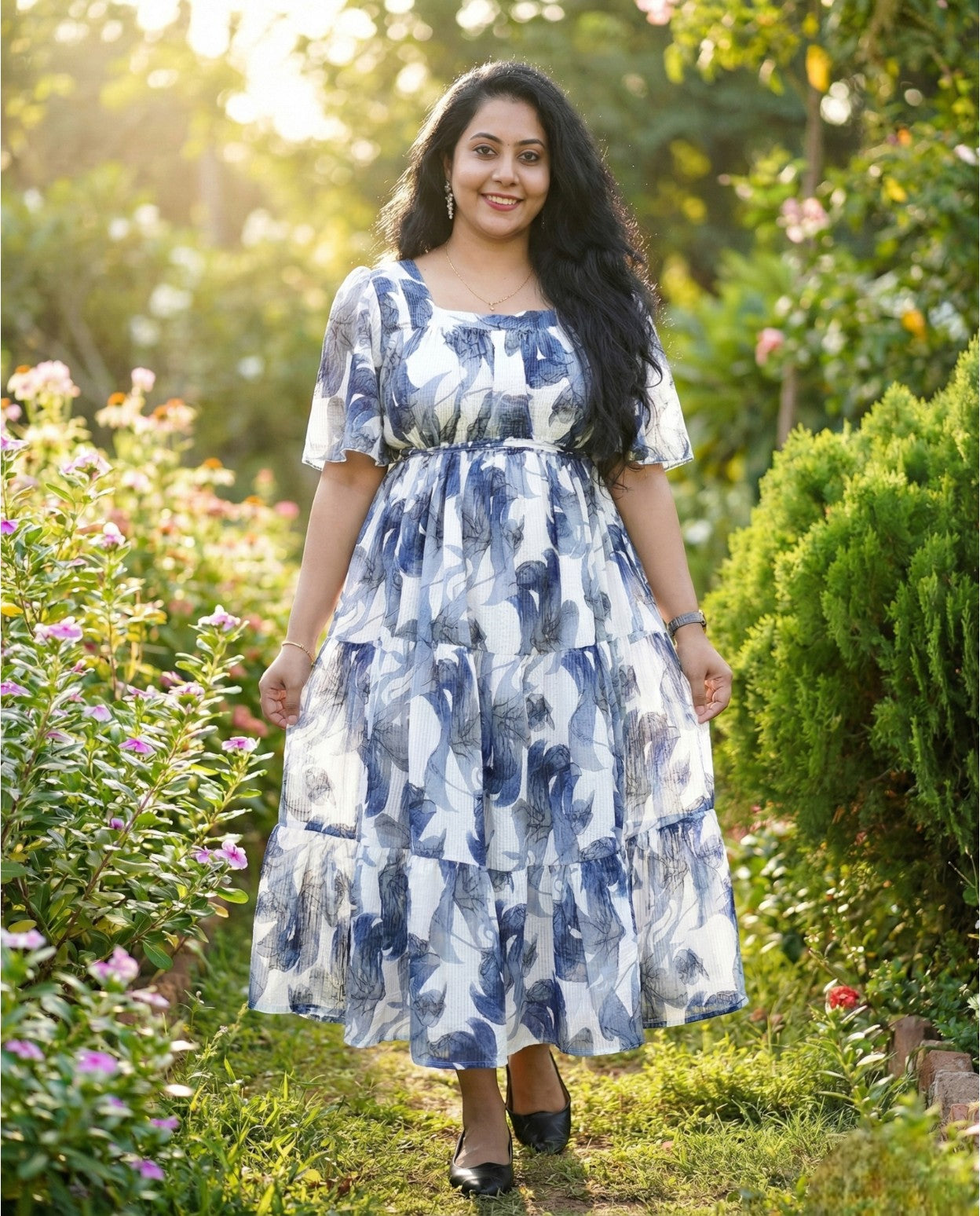 Breezy Poly Crimp Floral Bell Dress