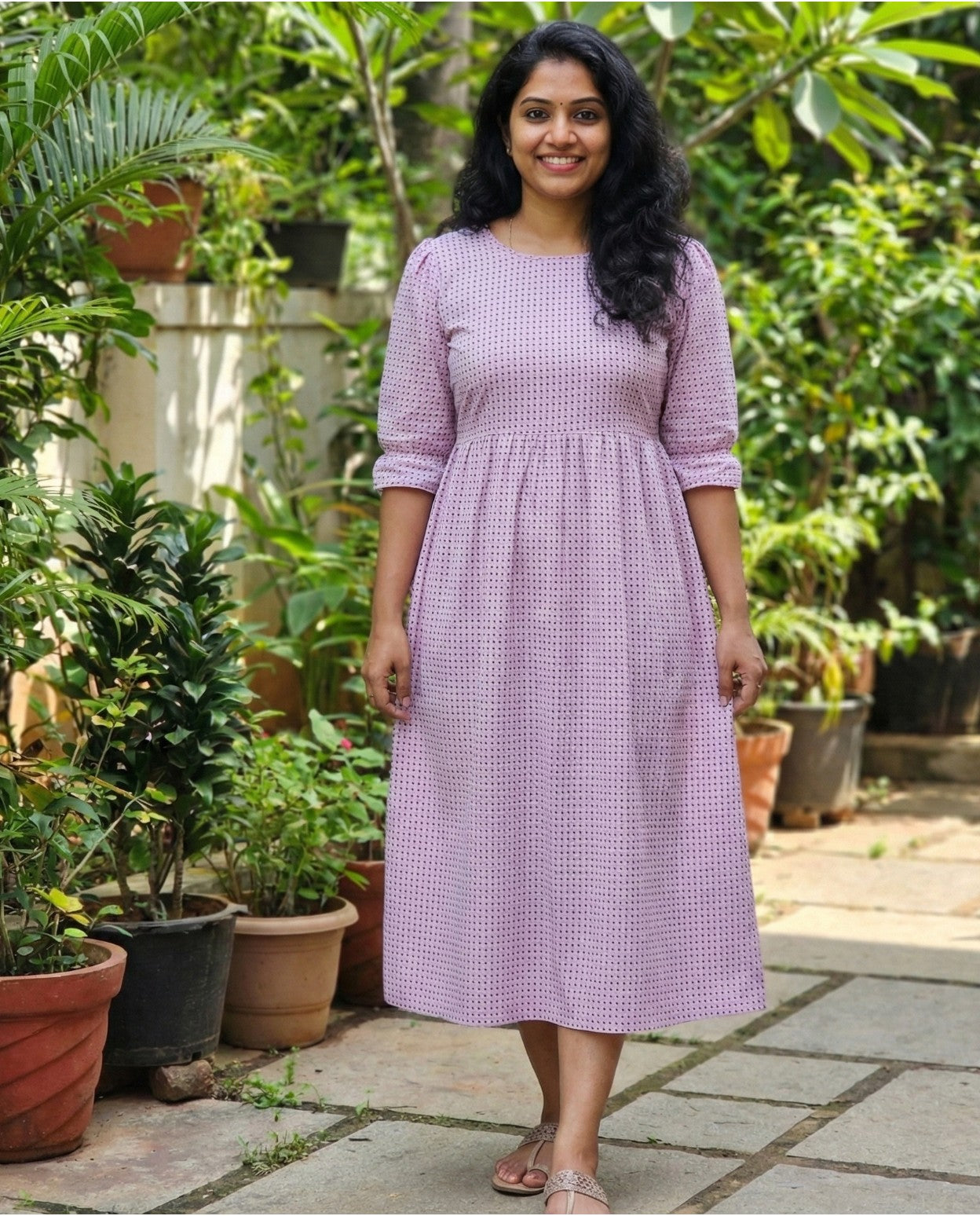 Light Check Frocks with Elastic on Sleeves