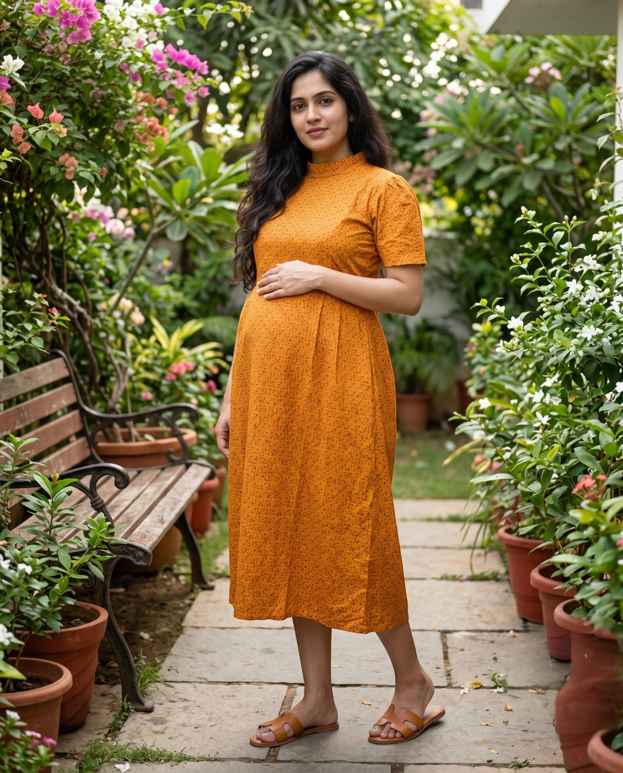 Frilled Neck Frocks with Semi Puff sleeves-Maternity Cum Feeding