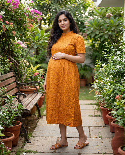 Frilled Neck Frocks with Semi Puff sleeves-Maternity Cum Feeding