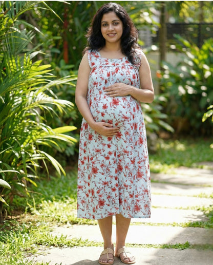 Floral Sleeveless cotton Frocks with Tie- Maternity cum Feeding