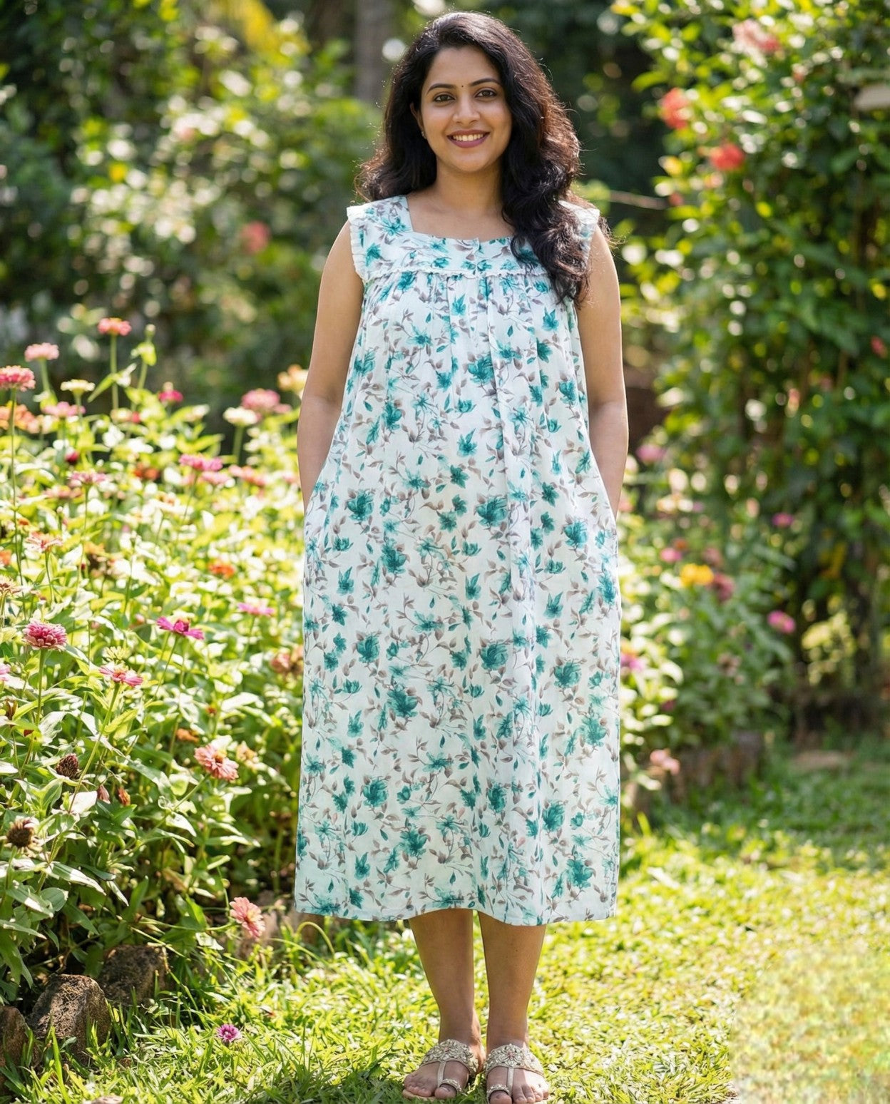 Floral Sleeveless cotton Frocks with Tie- Maternity cum Feeding