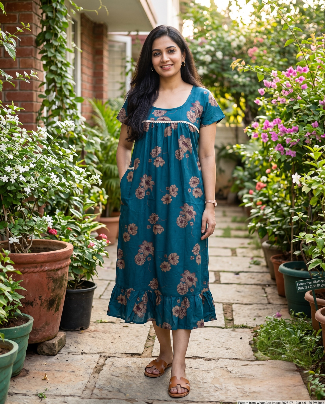 Homey frocks with lace on yoke-Floral