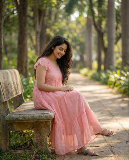 Butterfly Sleeved  Flared Cotton frocks with Thread work