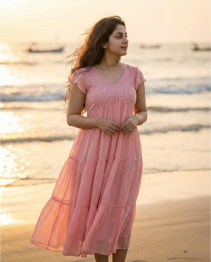 Butterfly Sleeved  Flared Cotton frocks with Thread work