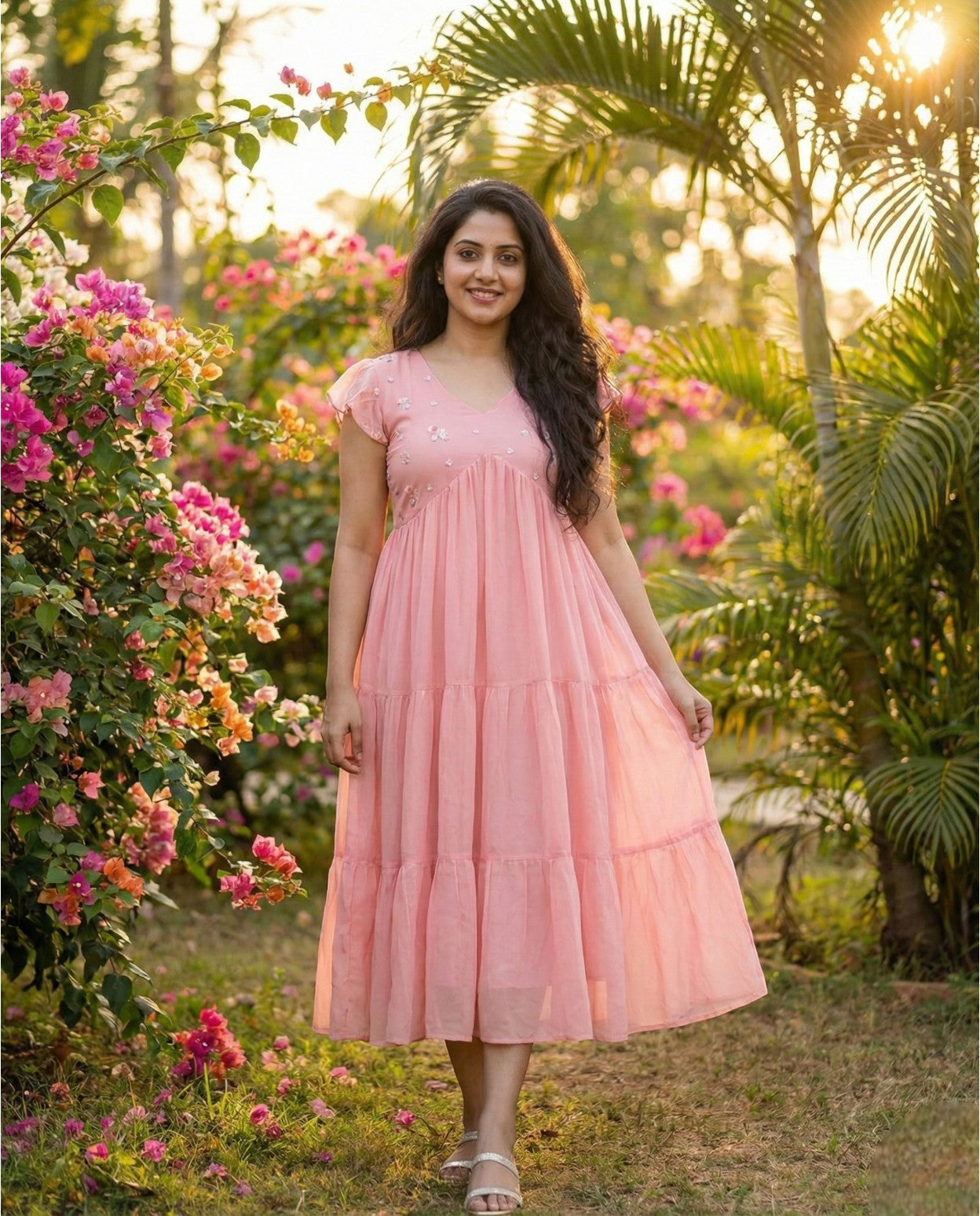 Butterfly Sleeved  Flared Cotton frocks with Thread work