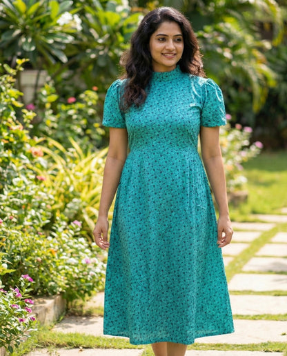 Frilled Neck Frocks with Semi Puff sleeves