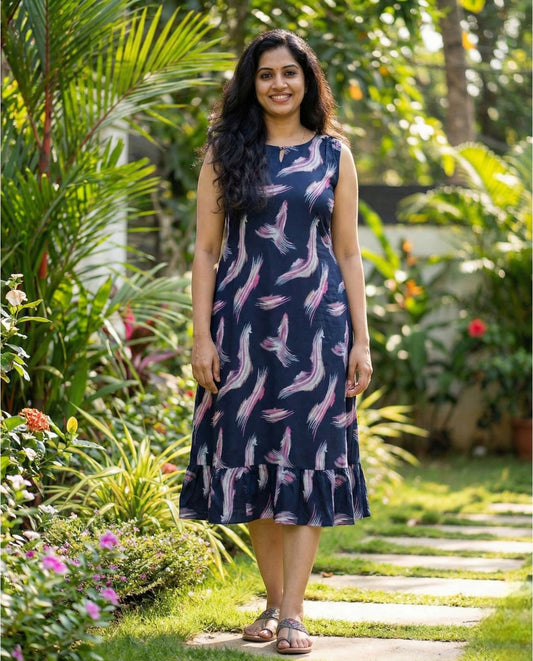 Feather Printed Sleeveless A-Line Frocks with Tie
