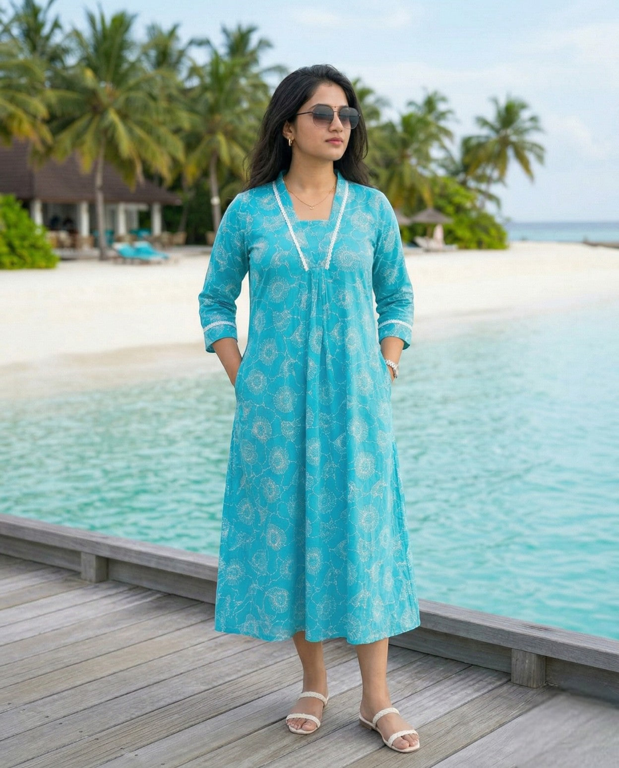 Miss Myrtle Pleated V Collar Lace Neck Outdoor Casual Kurthi