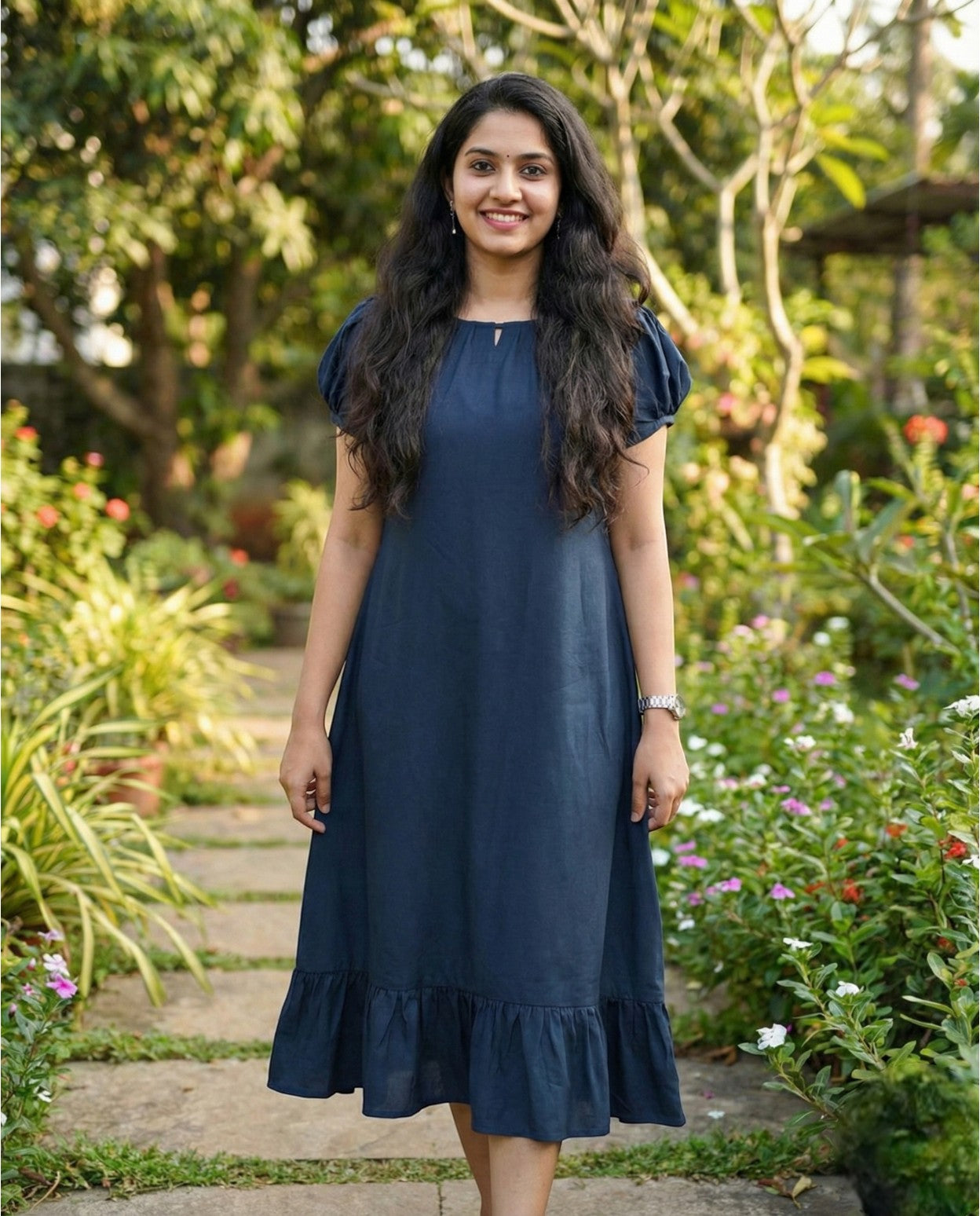 Puff sleeved frock with special neckline and tie back