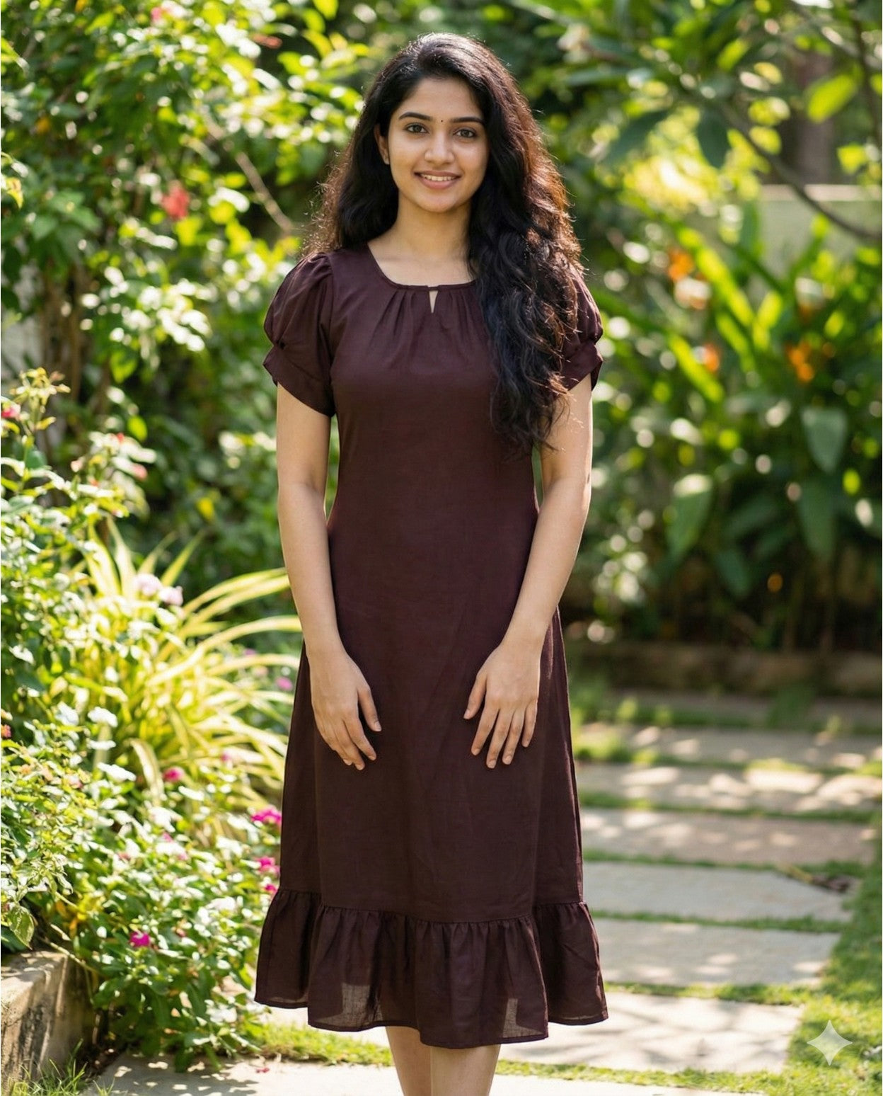 Puff sleeved frock with special neckline and tie back