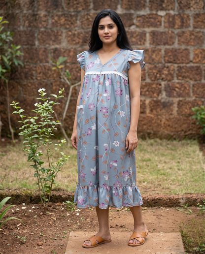 Butterfly Sleeved Frocks with Tie- Maternity cum Feeding