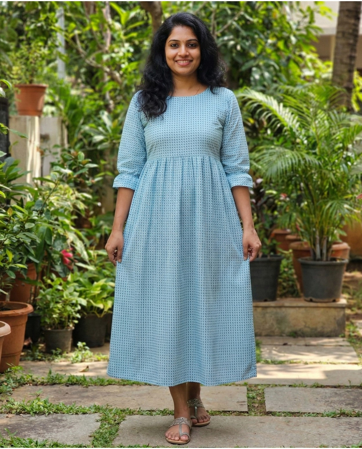 Light Check Frocks with Elastic on Sleeves