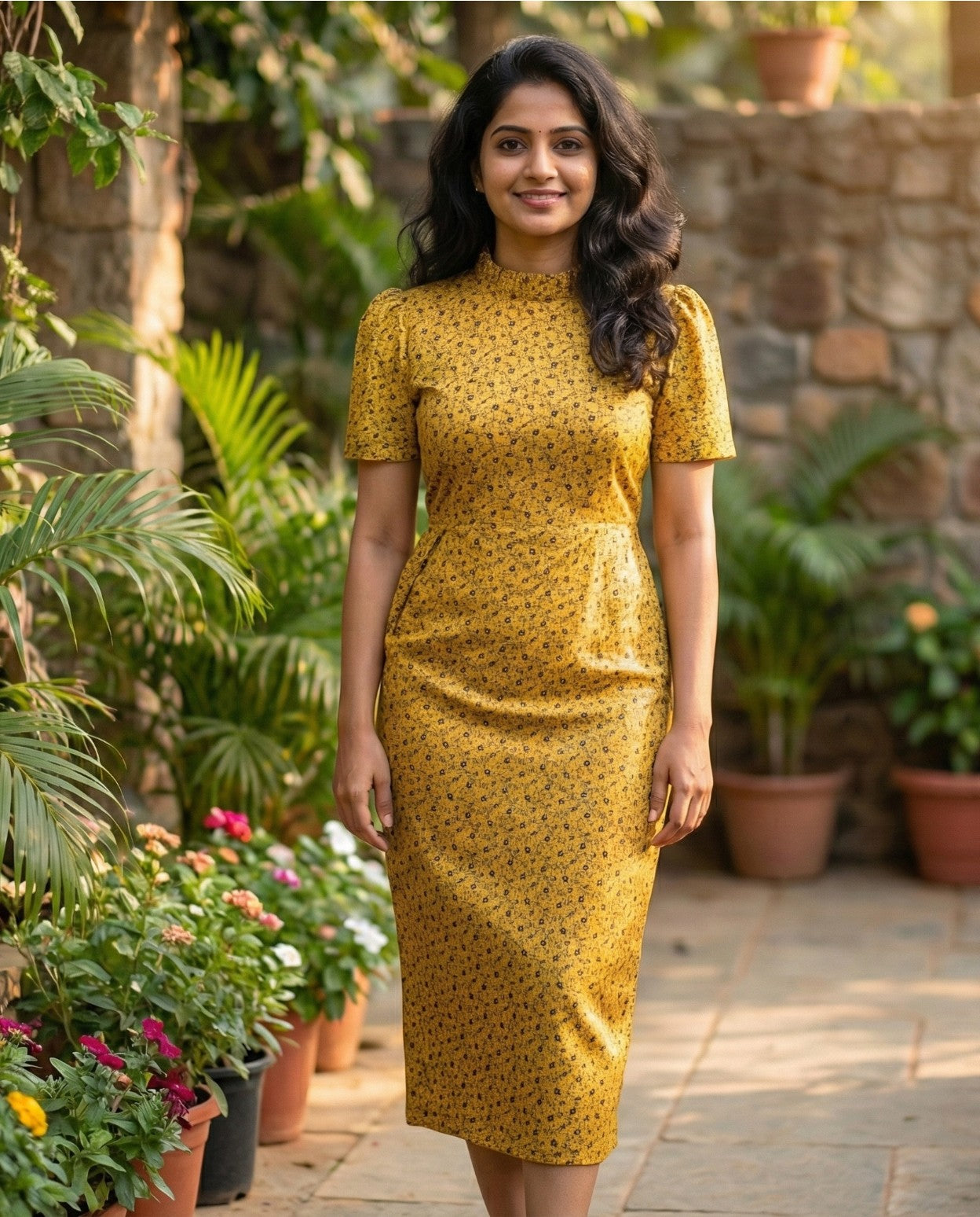 Frilled Neck Frocks with Semi Puff sleeves