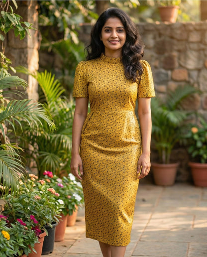 Frilled Neck Frocks with Semi Puff sleeves