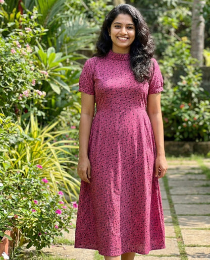 Frilled Neck Frocks with Semi Puff sleeves