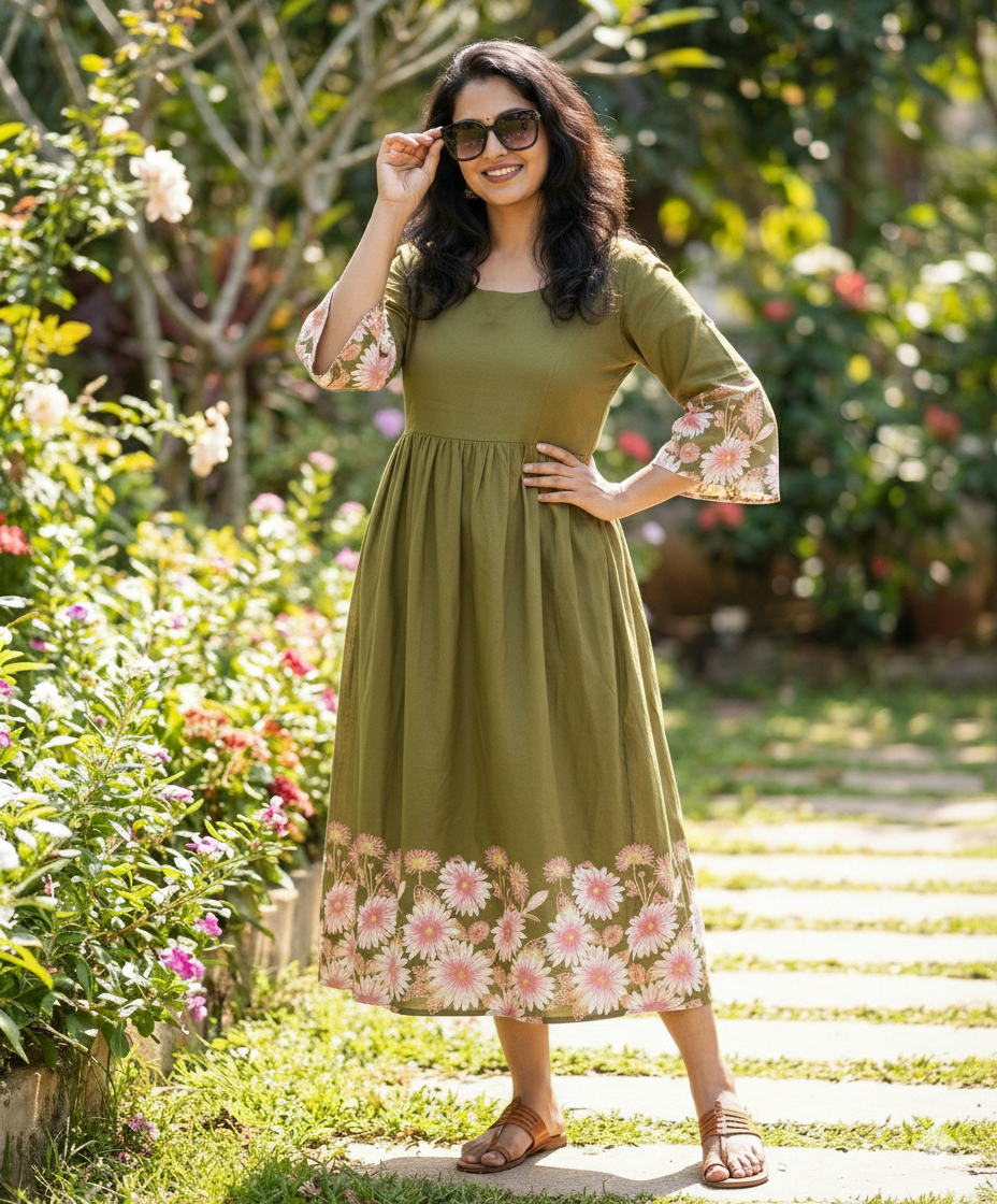 New Floral Bell Sleeved Flared Frocks