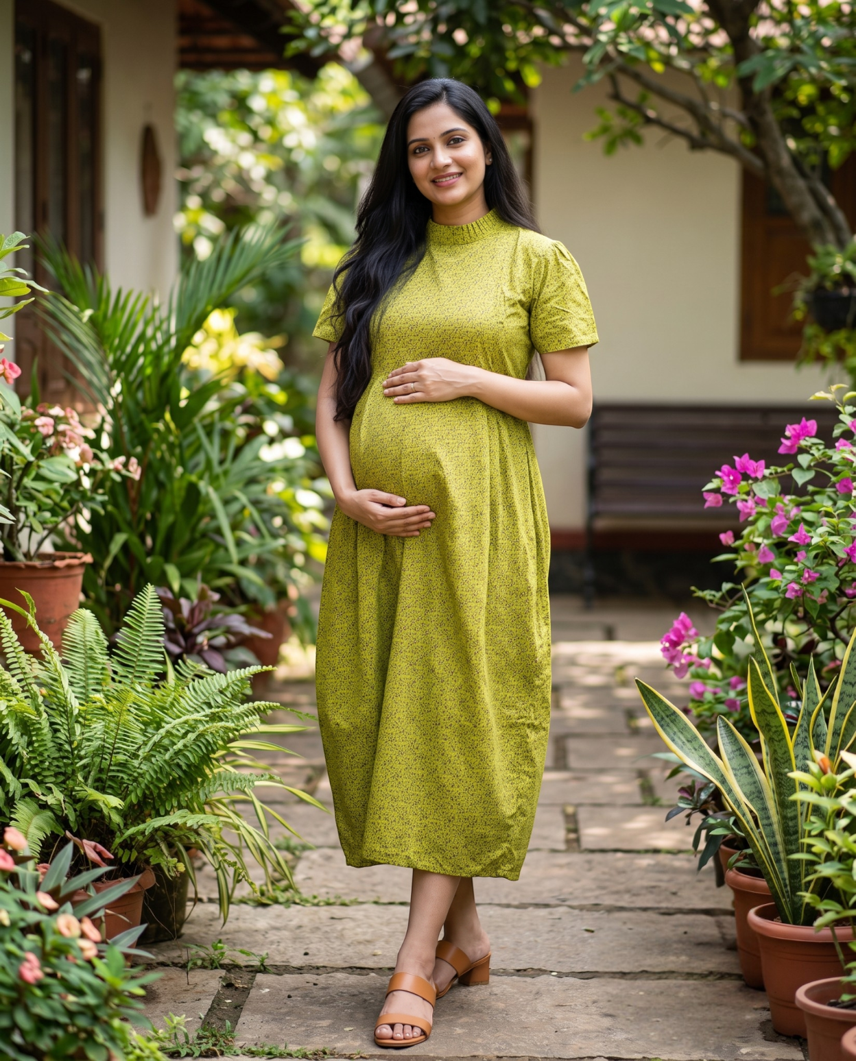 Frilled Neck Frocks with Semi Puff sleeves-Maternity Cum Feeding