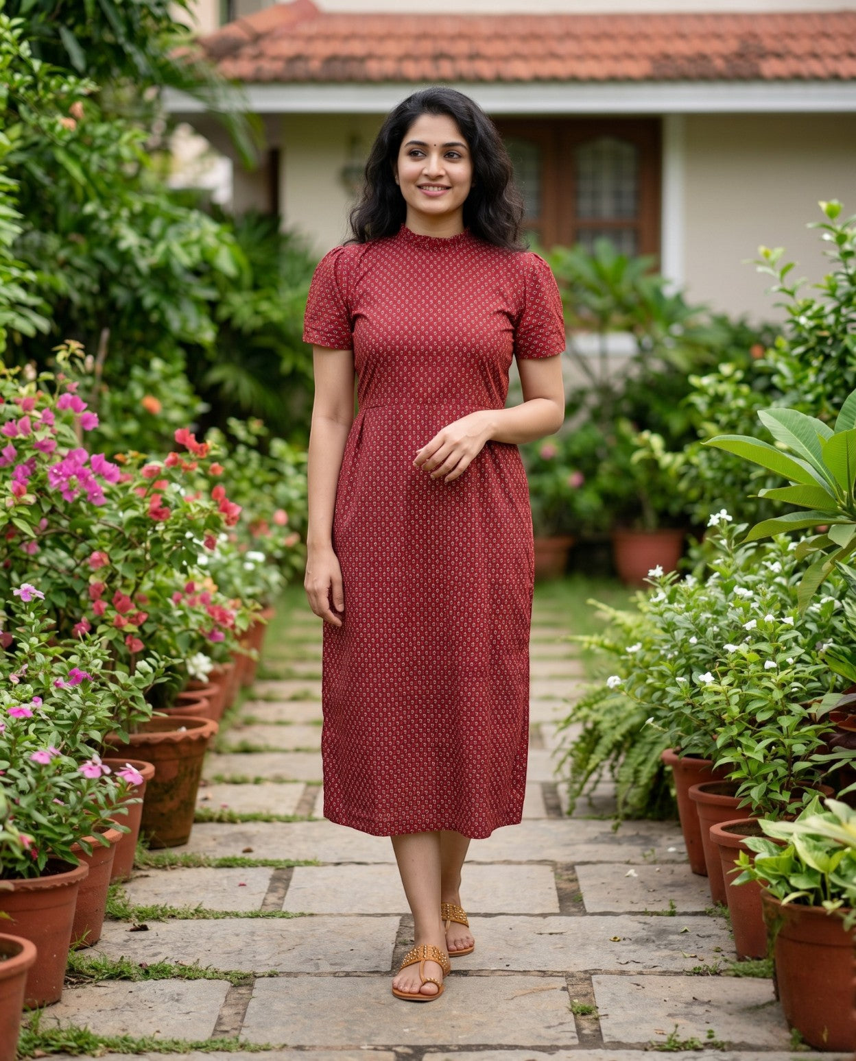 Frilled Neck Frocks with Semi Puff sleeves