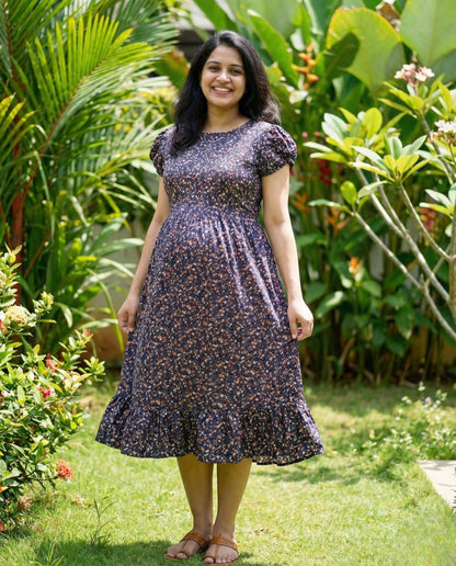Puff Sleeved Flared Frocks-Maternity Cum Feeding