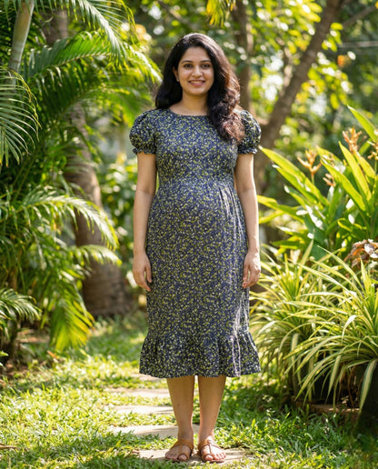 Puff Sleeved Flared Frocks-Maternity Cum Feeding
