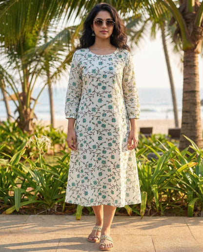 Miss Myrtle Cotton Floral Kurthi with 3 piece cut and Semi puff Sleeves