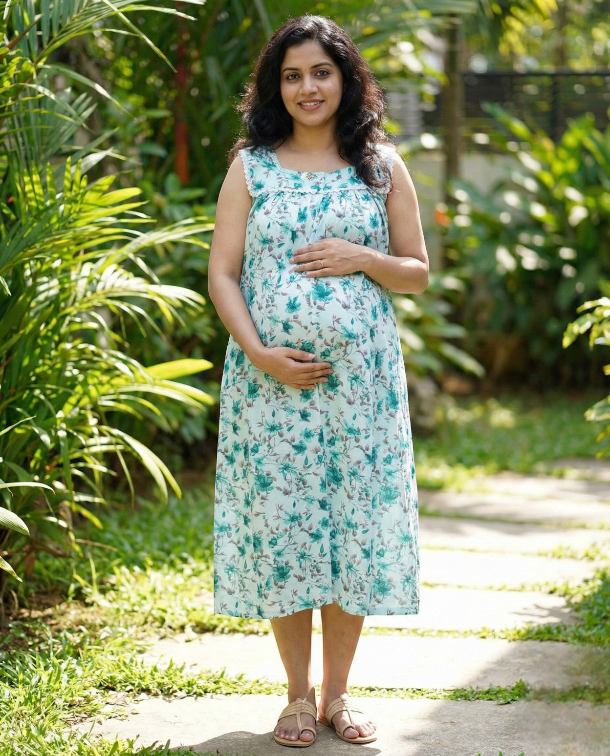 Floral Sleeveless cotton Frocks with Tie- Maternity cum Feeding
