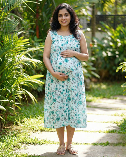 Floral Sleeveless cotton Frocks with Tie- Maternity cum Feeding