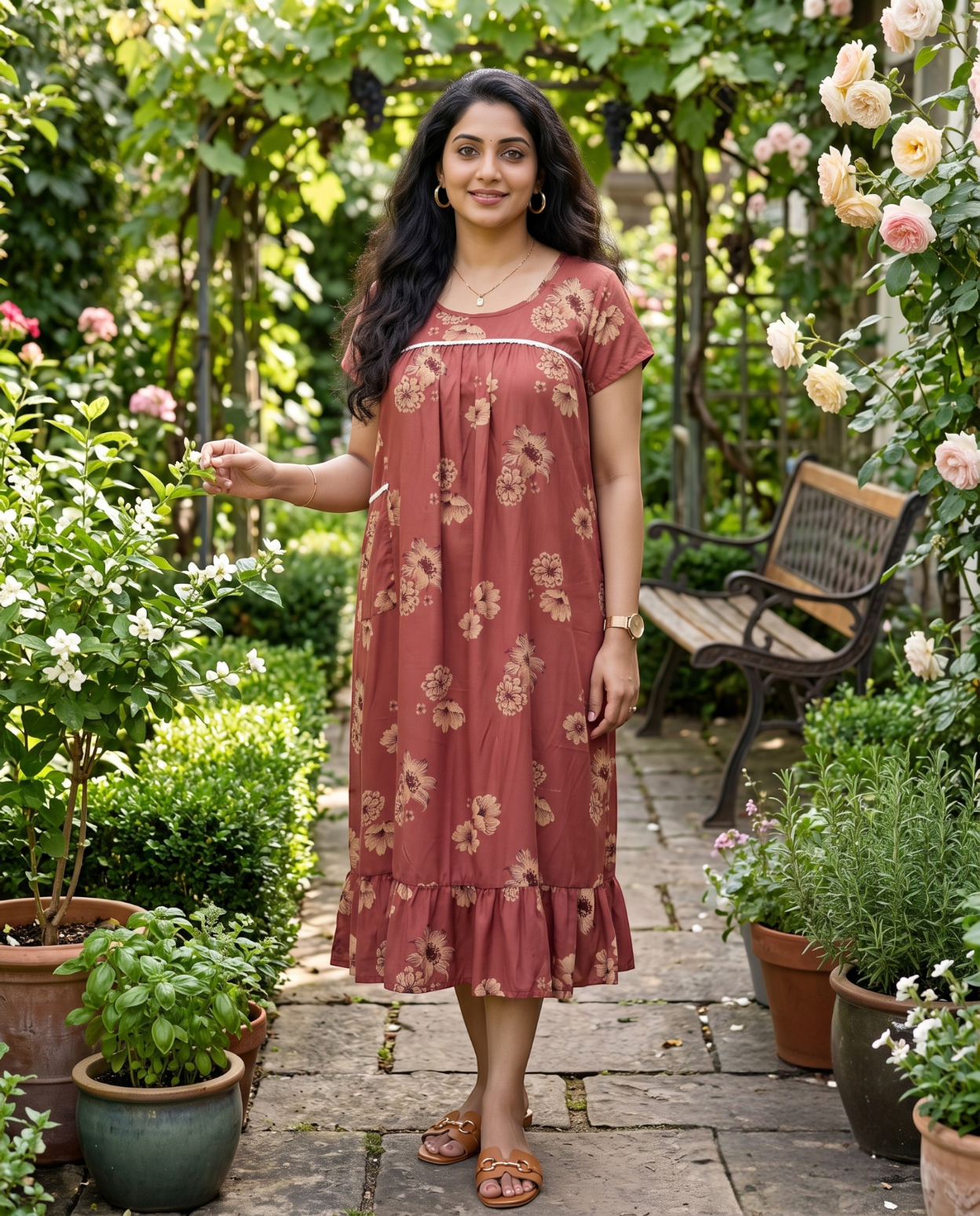 Homey frocks with lace on yoke-Floral