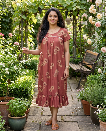 Homey frocks with lace on yoke-Floral