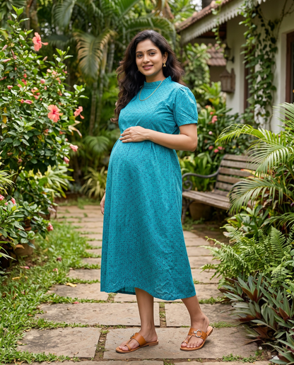 Frilled Neck Frocks with Semi Puff sleeves-Maternity Cum Feeding