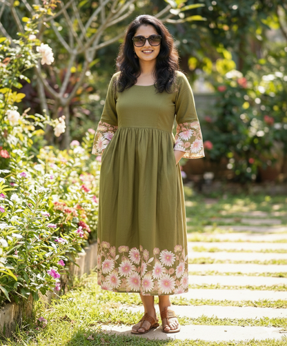 New Floral Bell Sleeved Flared Frocks