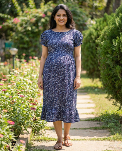 Puff Sleeved Flared Frocks-Maternity Cum Feeding